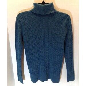 Vtg Eddie Bauer Sweater Wn L Blue Green Cable Knit Turtleneck Academia Y2K USA